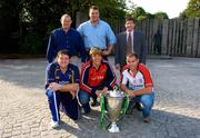12 October 2004; Leinster's Reggie Corrigan, front left, Munster's Donnacha O'Callaghan, front centre, and Ulster's Andy Ward, front right, with players who played in the inaugural Euoprean Cup 10 years ago, Peter Clohessy, Munster, back left, Jeremy Davidson, Ulster, back centre, and Alain Rolland, Leinster, at the Irish launch of the 2004/2005 Heineken Cup campaign. St. Stephen's Green, Dublin. Picture credit; Brendan Moran / SPORTSFILE