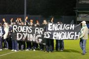 8 October 2004; Shamrock Rovers fans display banners during a peaceful protest which delayed kick-off by ten minutes. eircom league, Premier Division, Shamrock Rovers v Derry City, Richmond Park, Dublin. Picture credit; Brian Lawless / SPORTSFILE
