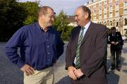 12 October 2004; Former Munster and Ireland prop Peter Clohessy in conversation with Pat Maher, Sponsorship MAnager of Heineken Ireland, at the Irish launch of the 2004/2005 Heineken Cup campaign. St. Stephen's Green, Dublin. Picture credit; Brendan Moran / SPORTSFILE