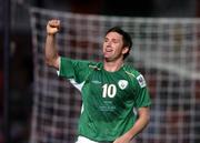 13 October 2004; Robbie Keane, Republic of Ireland, celebrates after scoring his sides second goal. With this goal he increases his all time Irish record to 23 international goals. FIFA 2006 World Cup Qualifier, Republic of Ireland v Faroe Islands, Lansdowne Road, Dublin. Picture credit; David Maher / SPORTSFILE
