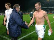 13 October 2004; Republic of Ireland manager Brian Kerr shakes hand with Roy Keane at the end of the game. FIFA 2006 World Cup Qualifier, Republic of Ireland v Faroe Islands, Lansdowne Road, Dublin. Picture credit; David Maher / SPORTSFILE