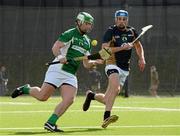 19 October 2013; Shane Dooley, Leinster, in action against Gavin O'mahoney, Munster. Celtic Champions Classic Super Hurling 11s Exhibition game, Lacrosse Pitch, Arllotta Stadium, University of Notre Dame, Chicago, USA. Picture credit: Ray McManus / SPORTSFILE