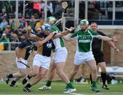 19 October 2013; James Ryan, Munster, in action against Liam Rushe and Aidan Harte, Leinster. Celtic Champions Classic Super Hurling 11s Exhibition game, Lacrosse Pitch, Arllotta Stadium, University of Notre Dame, Chicago, USA. Picture credit: Ray McManus / SPORTSFILE