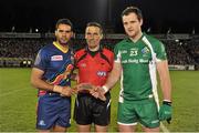 19 October 2013; Australia captain Daniels Wells presents Ireland captain Michael Murphy with a boomerang before the game with referee Maurice Deegan. International Rules, First Test, Ireland v Australia, Kingspan Breffni Park, Cavan. Picture credit: Barry Cregg / SPORTSFILE