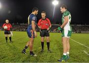 19 October 2013; Referee Maurice Deegan tosses a coin between Ireland captain Michael Murphy and Australia captain Daniels Wells watched by linesman Marty Duffy. International Rules, First Test, Ireland v Australia, Kingspan Breffni Park, Cavan. Picture credit: Barry Cregg / SPORTSFILE