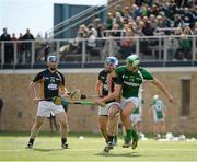 19 October 2013; Patrick Maher, Munster, in action against Lee Chin, Leinster. Celtic Champions Classic Super Hurling 11s Exhibition game, Lacrosse Pitch, Arllotta Stadium, University of Notre Dame, Chicago, USA. Picture credit: Ray McManus / SPORTSFILE