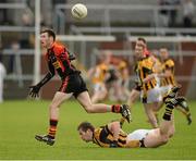 20 October 2013; Kieran McCooey, St Patrick's, in action against Johnny Hanratty, Crossmaglen Rangers. Armagh County Senior Club Football Championship Final, Crossmaglen Rangers v St Patrick's, Athletic Grounds, Armagh. Picture credit: Oliver McVeigh / SPORTSFILE