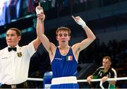 21 October 2013; Michael Conlan, St. John Bosco BC, Belfast, representing Ireland, celebrates as he is declared the winner over Brian Gonzalez, Mexico, in their Men's Bantamweight 56Kg Last 16 bout. AIBA World Boxing Championships Almaty 2013, Almaty, Kazakhstan. Photo by Sportsfile