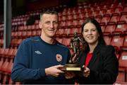 21 October 2013; St. Patrick's Athletic's Anto Flood is presented with the Airtricity / SWAI Player of the Month Award for September 2013 by Jillian Saunders, Airtricity. Richmond Park, Dublin. Picture credit: David Maher / SPORTSFILE