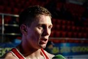 21 October 2013; Jason Quigley, Finn Valley BC, Donegal, representing Ireland, speaking to the media after beating Aston Brown, Scotland, in their Men's Middleweight 75Kg Last 16 bout. AIBA World Boxing Championships Almaty 2013, Almaty, Kazakhstan. Photo by Sportsfile