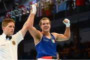 21 October 2013; Thomas McCarthy, Oliver Plunkett BC, Belfast, representing Ireland, celebrates after beating Emir Ahmatovic, Germany, in their Men's Heavyweight 91Kg Last 16 bout. AIBA World Boxing Championships Almaty 2013, Almaty, Kazakhstan. Photo by Sportsfile