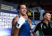21 October 2013; Thomas McCarthy, Oliver Plunkett BC, Belfast, representing Ireland, celebrates after beating Emir Ahmatovic, Germany, in their Men's Heavyweight 91Kg Last 16 bout. AIBA World Boxing Championships Almaty 2013, Almaty, Kazakhstan. Photo by Sportsfile
