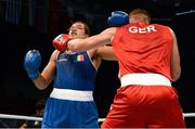 21 October 2013; Emir Ahmatovic, right, Germany, exchanges punches with Thomas McCarthy, Oliver Plunkett BC, Belfast, representing Ireland, during their Men's Heavyweight 91Kg Last 16 bout. AIBA World Boxing Championships Almaty 2013, Almaty, Kazakhstan. Photo by Sportsfile