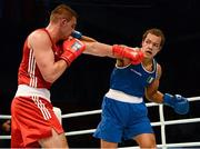 21 October 2013; Thomas McCarthy, right, Oliver Plunkett BC, Belfast, representing Ireland, exchanges punches with Emir Ahmatovic, Germany, during their Men's Heavyweight 91Kg Last 16 bout. AIBA World Boxing Championships Almaty 2013, Almaty, Kazakhstan. Photo by Sportsfile