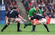 4 February 1995; Keith Wood, Ireland, is tackled by Iain Morrison, left, and Brian Redpath, Scotland. Five Nations Rugby Championship, Scotland v Ireland, Murrayfield, Edinburgh, Scotland. Picture credit: David Maher / SPORTSFILE