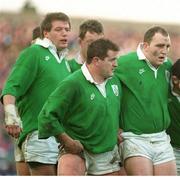 21 January 1995; Keith Wood, Ireland, right, in action against England, with team-mates Peter Clohessy, centre, and Neil Francis, left. Five Nations Rugby Championship, Ireland v England, Lansdowne Road, Dublin. Picture credit: Brendan Moran / SPORTSFILE