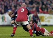 16 October 2004; Tom Shanklin, Cardiff Blues, in action against John Hayes (3) and Frank Sheahan, Munster. Celtic League 2004-2005, Munster v Cardiff Blues, Thomond Park, Limerick. Picture credit; Brendan Moran / SPORTSFILE