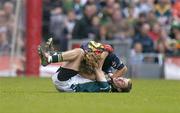 17 October 2004; Matty Forde, Ireland, in a tussle with Mark McVeigh, Australia, for which McVeigh received a yellow card and was sin-binned. Coca Cola International Rules Series 2004, First Test, Ireland v Australia, Croke Park, Dublin. Picture credit; Brendan Moran / SPORTSFILE *** Local Caption *** Any photograph taken by SPORTSFILE during, or in connection with, the 2004 Coca Cola International Rules Series which displays GAA logos or contains an image or part of an image of any GAA intellectual property, or, which contains images of a GAA player/players in their playing uniforms, may only be used for editorial and non-advertising purposes.  Use of photographs for advertising, as posters or for purchase separately is strictly prohibited unless prior written approval has been obtained from the Gaelic Athletic Association.