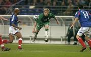 9 October 2004; Damien Duff, Republic of Ireland, in action against Olivier Dacourt, left, and Sebastien Squillaci, France. FIFA World Cup 2006 Qualifier, France v Republic of Ireland, Stade de France, Paris, France. Picture credit; Brendan Moran / SPORTSFILE