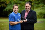 22 October 2013; Leinster's Jimmy Gopperth who received his Bank of Ireland player of the month award for September from John Ledwith, Irlequip Ltd, a Bank of Ireland small business customer based in Moate www.irlequip.ie. Bank of Ireland Player of the Month for September, UCD, Belfield, Dublin. Picture credit: Stephen McCarthy / SPORTSFILE