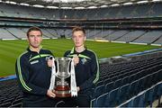 22 October 2013; Ireland's Colm Begley, left, and Ciaran Byrne, hold the Cormac McAnallen cup, after a press conference ahead of their Irish Daily Mail International Rules second test against Australia on Saturday. 2013 Irish Daily Mail International Rules Press Conference, Croke Park, Dublin. Picture credit: Barry Cregg / SPORTSFILE