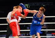 23 October 2013; Michael Conlan, right, St. John Bosco BC, Belfast, representing Ireland, exchanges punches with Vladimir Nikitin, Russia, during their Men's Bantamweight 56Kg Quarter-Final bout. AIBA World Boxing Championships Almaty 2013, Almaty, Kazakhstan. Photo by Sportsfile