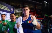 23 October 2013; Joe Ward, Moate BC, Co. Westmeath, representing Ireland, celebrates after beating Nikita Ivanov, Russia, in their Men's Light-Heavyweight 81Kg Quarter-Final bout. AIBA World Boxing Championships Almaty 2013, Almaty, Kazakhstan. Photo by Sportsfile