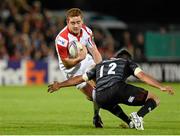 11 October 2013; Paddy Jackson, Ulster, is tackled by Dan Bowden, Leicester Tigers. Heineken Cup 2013/14, Pool 5, Round 1, Ulster v Leicester Tigers, Ravenhill Park, Belfast, Co. Antrim. Picture credit: Oliver McVeigh / SPORTSFILE Picture credit: Oliver McVeigh / SPORTSFILE