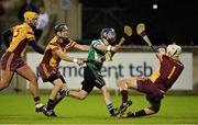 24 October 2013; Paddy Ward, Lucan Sarsfields, puts the ball past Craobh Chiarain goalkeeper Stephen Chester, right, as he is tackled by Craobh Chiarain's Eugene Farrell, to score his side's first goal. Dublin County Senior Club Hurling Championship, Semi-Final, Lucan Sarsfields v Craobh Chiarain, Parnell Park, Dublin. Picture credit: Barry Cregg / SPORTSFILE