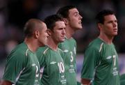 13 October 2004; Republic of Ireland players, from left, Stephen Carr, Robbie Keane, John O'Shea, and Steve Finnan, line out before their match against the Faroe Islands. FIFA 2006 World Cup Qualifier, Republic of Ireland v Faroe Islands, Lansdowne Road, Dublin. Picture credit; Brian Lawless / SPORTSFILE