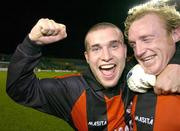 24 October 2004; Longford Town's Shane Barrett, left, and Paul Keegan celebrate at the final whistle after victory against Waterford United. 2004 FAI Carlsberg Cup Final, Longford Town v Waterford United, Lansdowne Road, Dublin. Picture credit; Matt Browne / SPORTSFILE