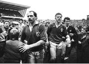2 February 1985; Ireland's Nigel Carr, left, and Philip Matthews, leave the field after their sides victory over Scotland. Five Nations Rugby Championship, Scotland v Ireland, Murrayfield, Edinburgh, Scotland. Picture credit: Ray McManus / SPORTSFILE