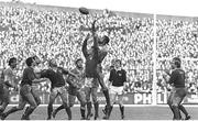 30 March 1985; England's Wade Dooley, contests a lineout against Ireland's Brian Spillane while team-mates, from left, Robert Hesford, England, Donal Lenihan, Ireland, Gary Pearse, England, Philip Matthews, Ireland, John Orwin, Jim Fleming, Referee, Nigel Carr, Ireland and David Cooke, England, await the breaking ball. Five Nations Rugby Championship, Ireland v England, Lansdowne Road, Dublin. Picture credit: Ray McManus / SPORTSFILE