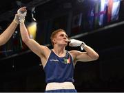 25 October 2013; Jason Quigley, Finn Valley BC, Donegal, representing Ireland, celebrates after beating Artem Chebotarev, Russia, in their Men's Middleweight 75Kg Semi-Final bout. AIBA World Boxing Championships Almaty 2013, Almaty, Kazakhstan. Photo by Sportsfile