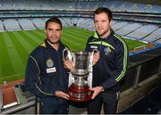 25 October 2013; Australia captain Daniel Wells, left, and Ireland captain Michael Murphy with the trophy during a media briefing for the 2013 Irish Daily Mail International Rules Series second test, which will be played tomorrow, Saturday, in Croke Park. Picture credit: Matt Browne / SPORTSFILE