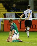 25 October 2013; A dejected Dean Zambra, Bray Wanderers, looks on after Patrick Hoban, Dundalk, scored his side's first goal. Airtricity League Premier Division, Bray Wanderers v Dundalk, Carlisle Grounds, Bray, Co. Wicklow. Picture credit: Ramsey Cardy / SPORTSFILE
