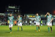 25 October 2013; Dejected Bray Wanderers players, from left, John Mulroy, Gary Dempsey, Conor Early and David Webster at the end of the game. Airtricity League Premier Division, Bray Wanderers v Dundalk, Carlisle Grounds, Bray, Co. Wicklow. Picture credit: Ramsey Cardy / SPORTSFILE