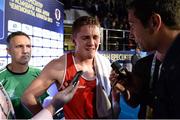 26 October 2013; A dejected Jason Quigley, Finn Valley BC, Donegal, representing Ireland, after defeat to Zhanibek Alimkhanuly, Kazakhstan, in their Men's Middleweight 75Kg Final bout. AIBA World Boxing Championships Almaty 2013, Almaty, Kazakhstan. Photo by Sportsfile