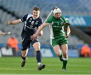 26 October 2013; Patrick Maher, Ireland, in action against Steven MacDonald, Scotland. Shinty International First Test, Ireland v Scotland, Croke Park, Dublin. Picture credit: Oliver McVeigh / SPORTSFILE