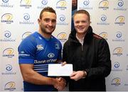 26 October 2013; Leinster's Dave Kearney is presented with the Most Valued Player award, sponsored by Deep RiverRock, by Sponsorship Manager Ronan Crabbe. Celtic League 2013/14, Round 6, Leinster v Connacht, RDS, Ballsbridge, Dublin. Picture credit: Stephen McCarthy / SPORTSFILE