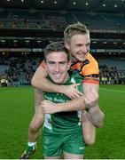 26 October 2013; Paddy McBrearty, Ireland, celebrates with team-mate Ross Munnelly after the game. International Rules Second Test, Ireland v Australia, Croke Park, Dublin. Picture credit: Oliver McVeigh / SPORTSFILE