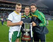 26 October 2013; Ireland and Galway stars Paul Conway, Ja Fallon and Finnian Hanley with the Cormac McAnallen cup after the game. International Rules Second Test, Ireland v Australia, Croke Park, Dublin. Picture credit: Ray McManus / SPORTSFILE