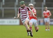 27 October 2013; Gerald Bradley, Slaughneil, in action against Tiernan Coyle, Loughgiel Shamrocks. AIB Ulster Senior Club Hurling Championship Final, Loughgiel Shamrocks v Slaughneil, Celtic Park, Derry. Picture credit: Ramsey Cardy / SPORTSFILE