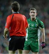 26 October 2013; Paddy McBrearty, Ireland, in conversation with referee Matt Stevic. International Rules Second Test, Ireland v Australia, Croke Park, Dublin. Picture credit: Oliver McVeigh / SPORTSFILE