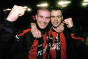 24 October 2004; Longford Town's Shane Barrett, left, and John Martin celebrate after victory over Waterford United. 2004 FAI Carlsberg Cup Final, Longford Town v Waterford United, Lansdowne Road, Dublin. Picture credit; Matt Browne / SPORTSFILE