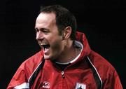 24 October 2004; Alan Mathews, Longford Town manager, celebrates at the end of the game after victory over  Waterford United. 2004 FAI Carlsberg Cup Final, Longford Town v Waterford United, Lansdowne Road, Dublin. Picture credit; David Maher / SPORTSFILE
