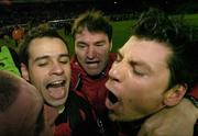 24 October 2004; Longford Town's John Martin,left, assistant manager Aaron Callaghan and Dean Fitzgerald celebrate at the final whistle after victory over Waterford United. 2004 FAI Carlsberg Cup Final, Longford Town v Waterford United, Lansdowne Road, Dublin. Picture credit; Matt Browne / SPORTSFILE