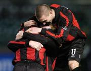 24 October 2004; Paul Keegan, centre, Longford Town, celebrates after scoring his sides winning goal with team-mates Eric Levine, left, and Shane Barrett. 2004 FAI Carlsberg Cup Final, Longford Town v Waterford United, Lansdowne Road, Dublin. Picture credit; David Maher / SPORTSFILE