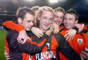 24 October 2004; Paul Keegan, second from left, Longford Town, celebrates at the end of the game with team-mates, John Martin, left, Darragh Sheridan, second from right, and Philip Keogh, after victory over Waterford United. 2004 FAI Carlsberg Cup Final, Longford Town v Waterford United, Lansdowne Road, Dublin. Picture credit; David Maher / SPORTSFILE
