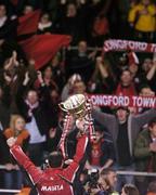 24 October 2004; Alan Mathews, Longford Town manager, celebrates with supporters at the end of the game after victory over Waterford United. 2004 FAI Carlsberg Cup Final, Longford Town v Waterford United, Lansdowne Road, Dublin. Picture credit; David Maher / SPORTSFILE